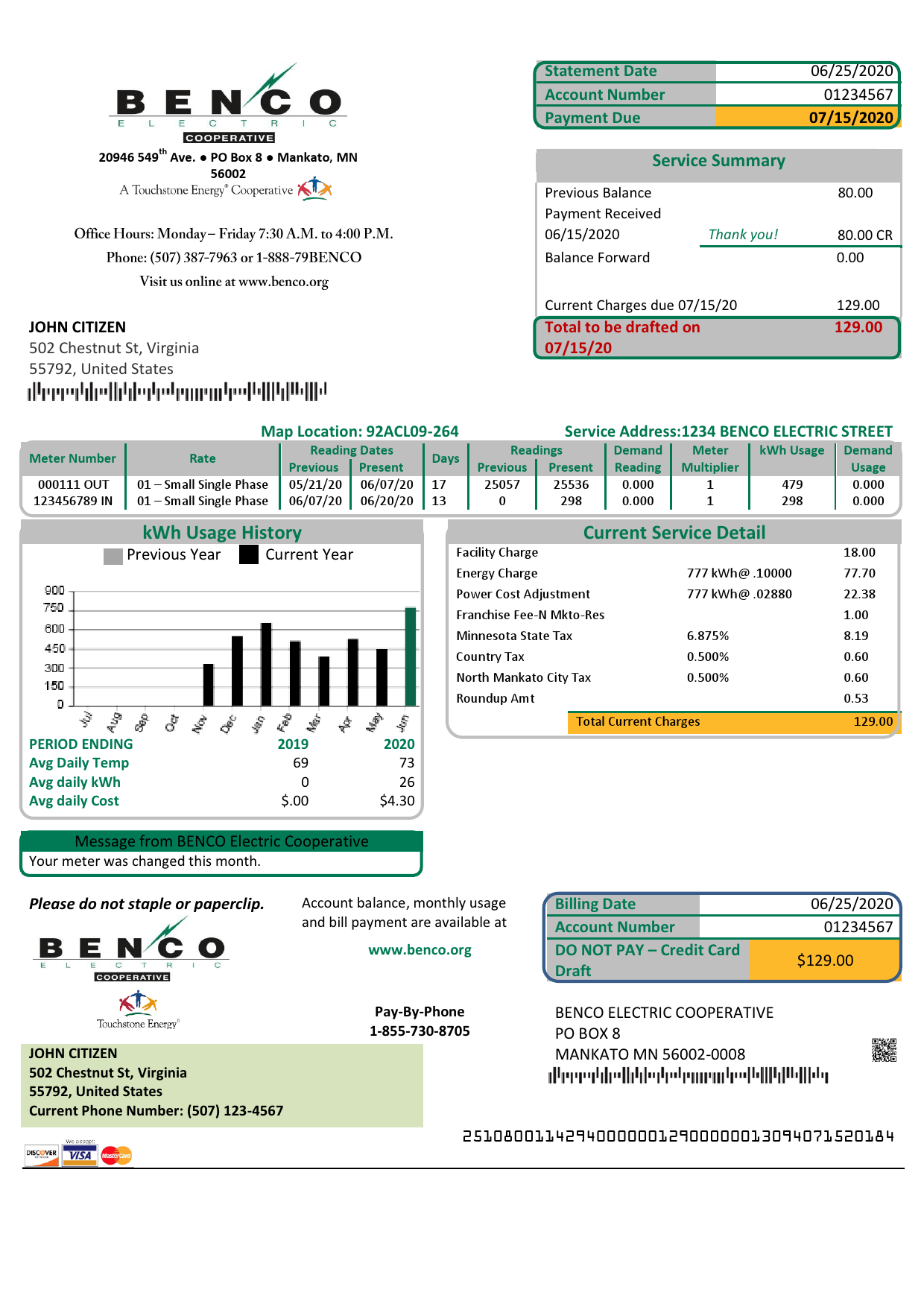USA Minnesota Benco Elecric electricity easy fillable utility bill template in Word and PDF format (.doc and .pdf)