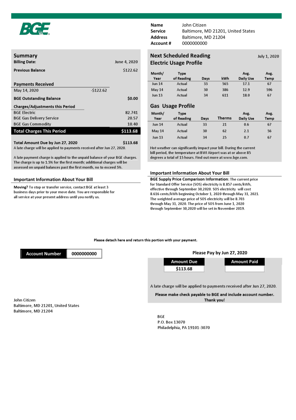 USA Maryland BGE gas and electric utility bill template in Word and PDF format