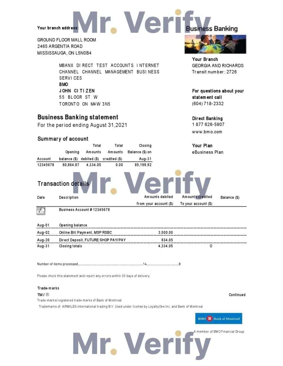 USA BMO Bank of Montreal bank proof of address statement template in Excel and PDF format