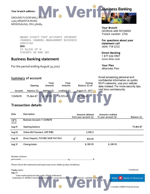 USA BMO Bank of Montreal bank proof of address statement template in Word and PDF format