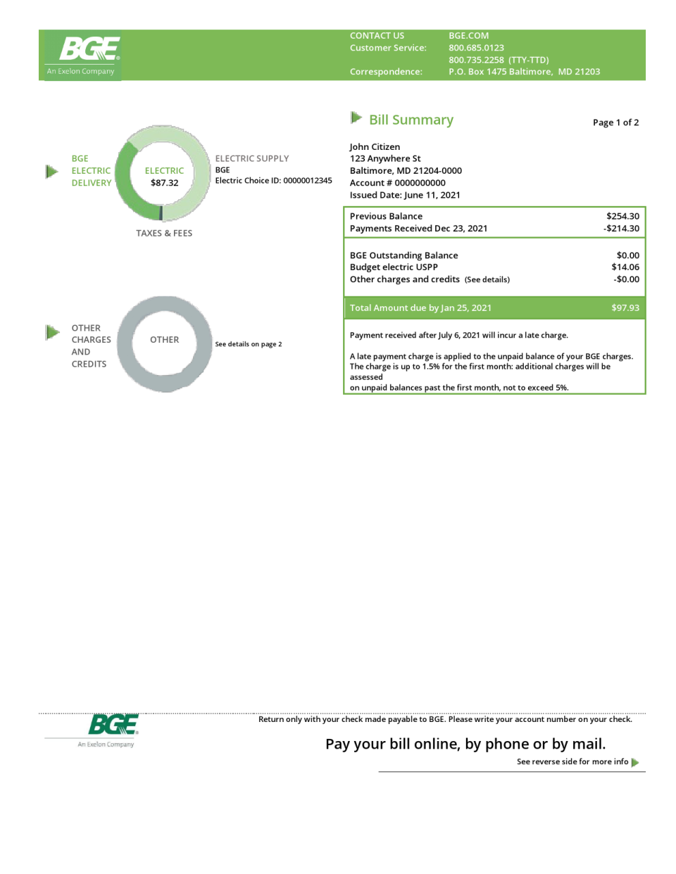 USA Maryland Baltimore Gas and Electric (BGE) utility bill template in Word and PDF format (2 pages)