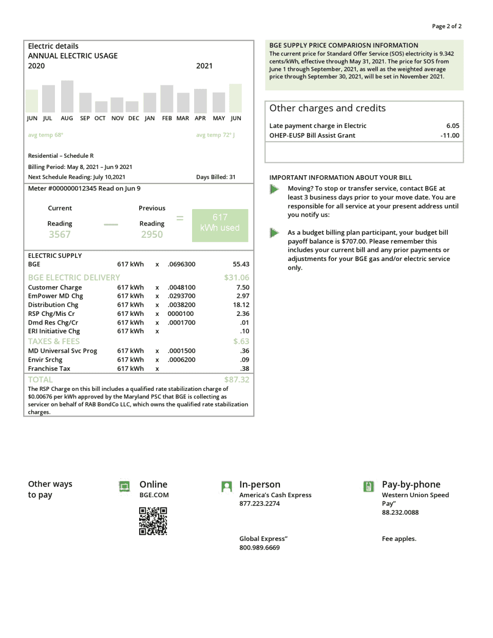 USA Maryland Baltimore Gas and Electric (BGE) utility bill template in Word and PDF format (2 pages)