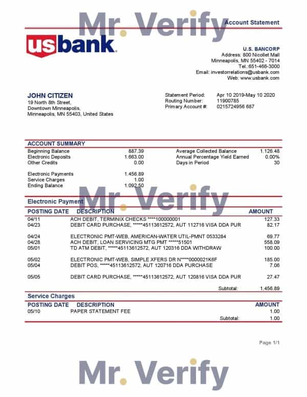 USA Bancorp bank proof of address statement template in Word and PDF format