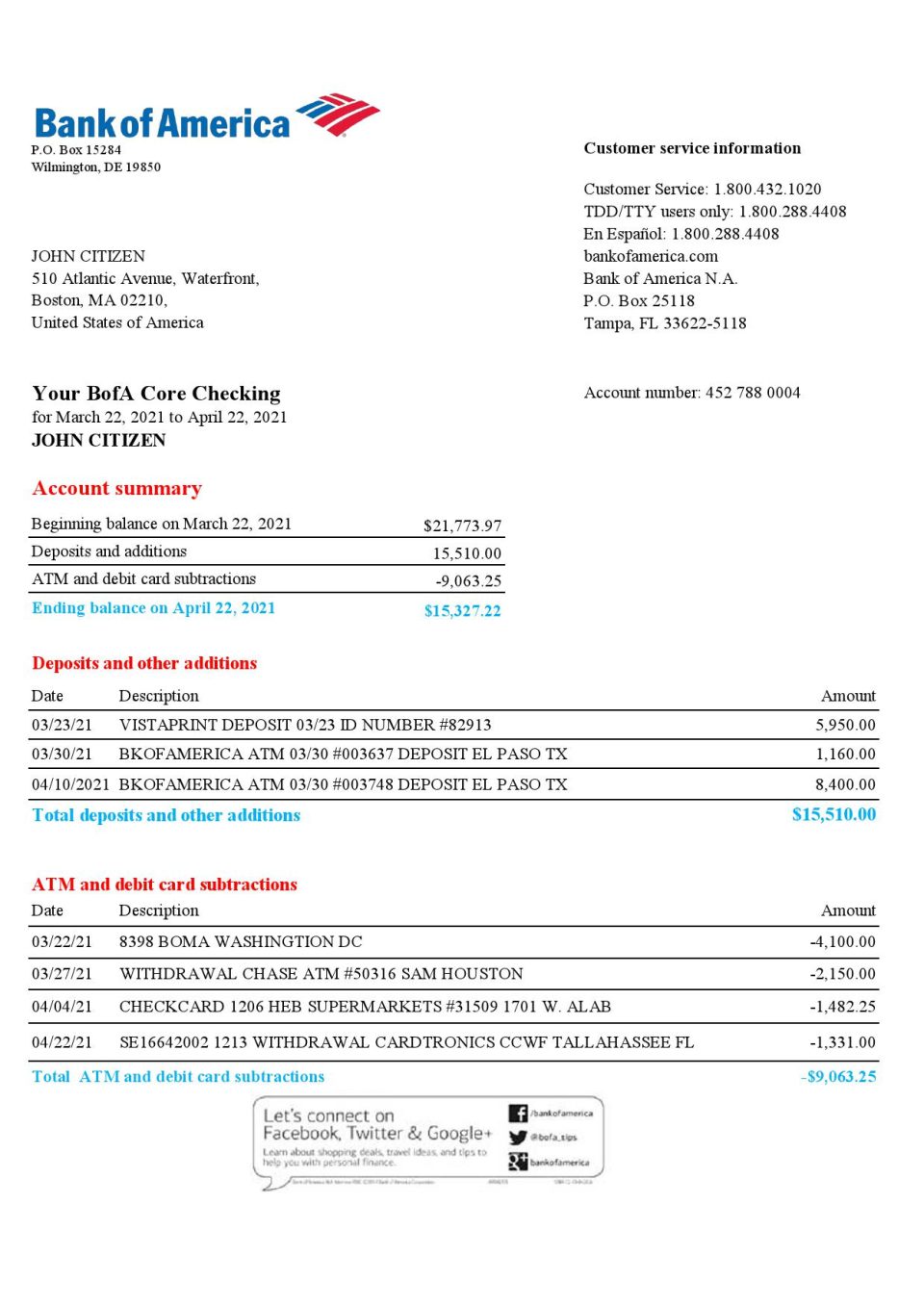 USA Bank of America bank statement template in Excel and PDF format, version 4