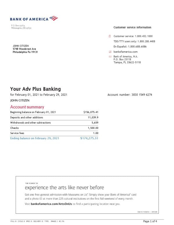 USA Bank of America bank statement template in Word and PDF format (4 pages), version 3