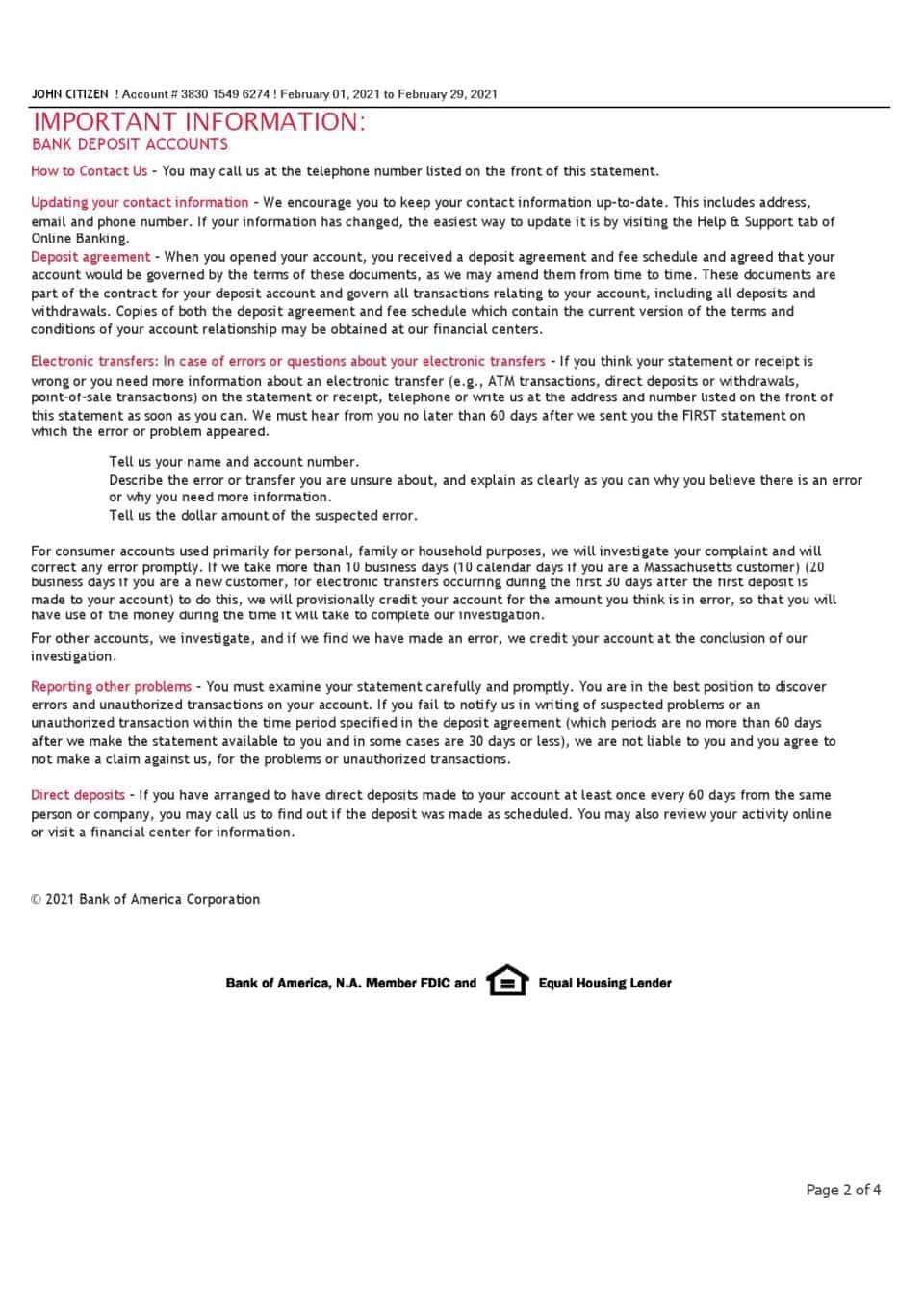 USA Bank of America bank statement template in Excel and PDF format (4 pages), version 3