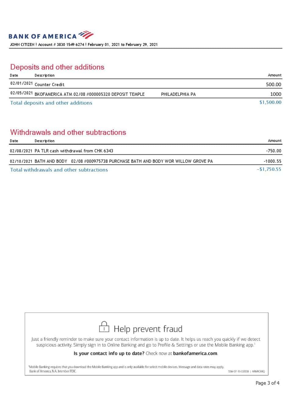 USA Bank of America bank statement template in Excel and PDF format (4 pages), version 3