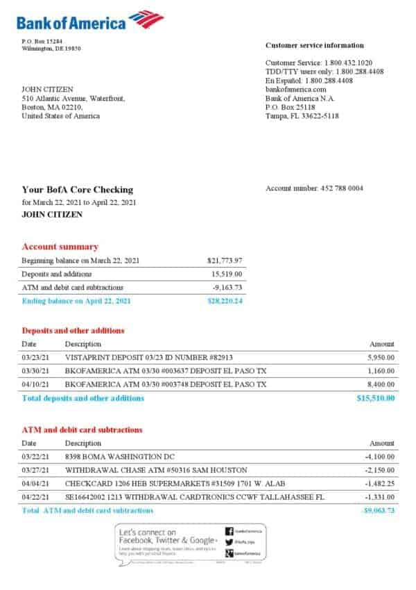 USA Bank of America bank statement template in Word and PDF format, version 4
