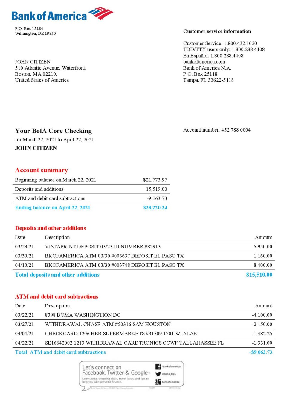 USA Bank of America bank statement template in Word and PDF format, version 4