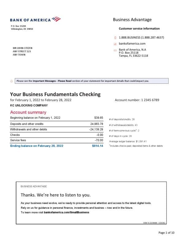 USA Bank of America bank statement, Word and PDF template, 10 pages