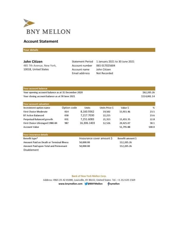 USA Bank of New York Mellon bank statement easy to fill template in Excel and PDF format