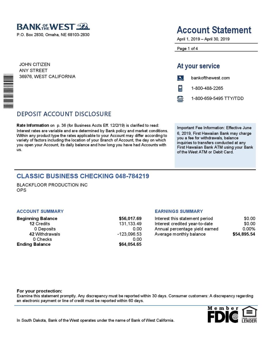 USA Bank of the West bank statement template in Word and PDF format