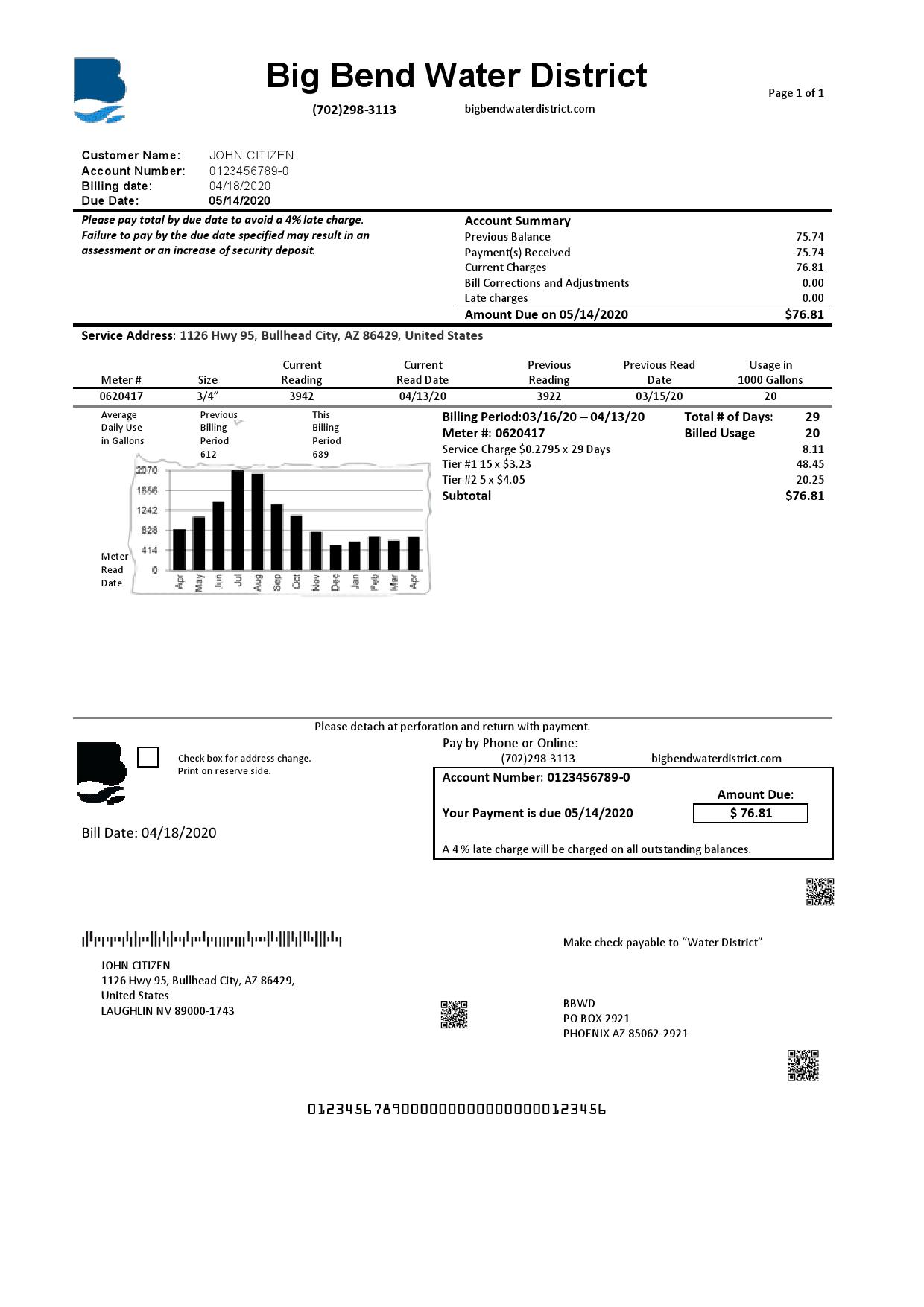 USA Nevada Big Bend Water District utility bill template in Word and PDF format
