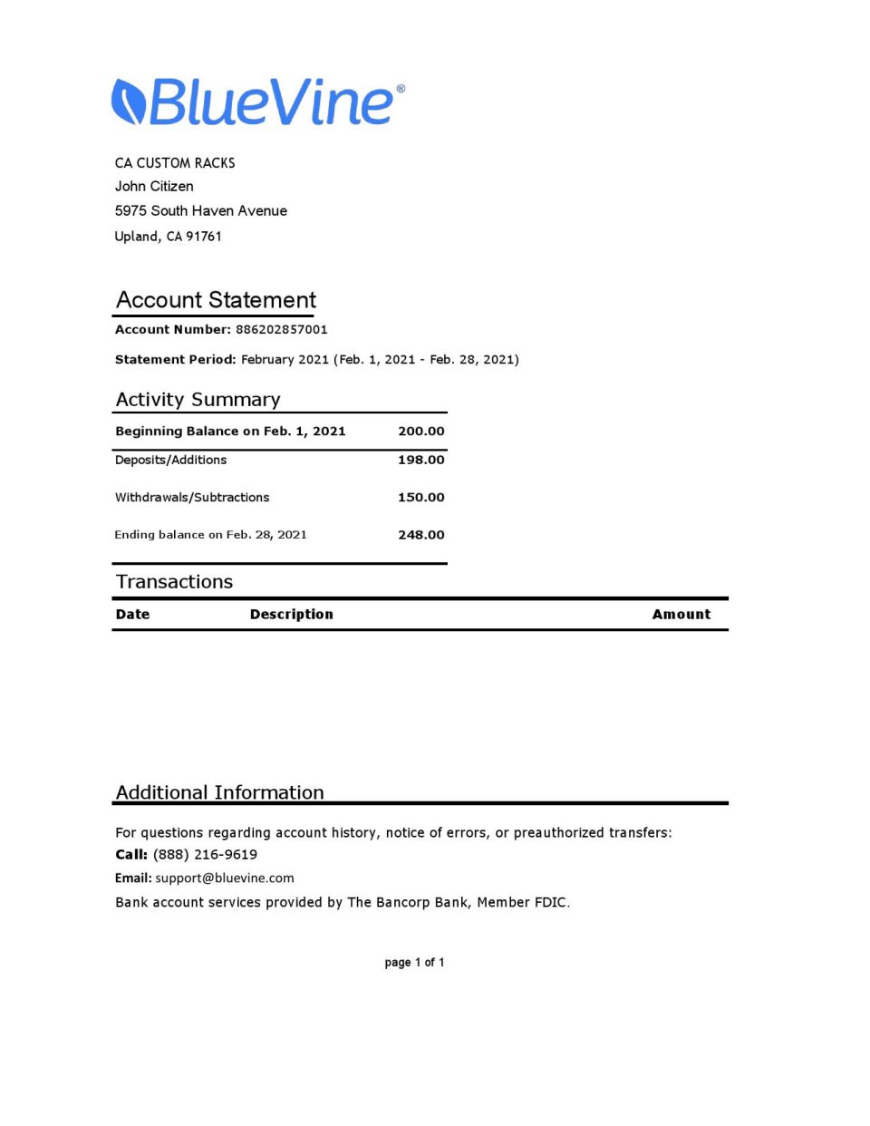 USA California BlueVine bank statement easy to fill template in .xls and .pdf file format
