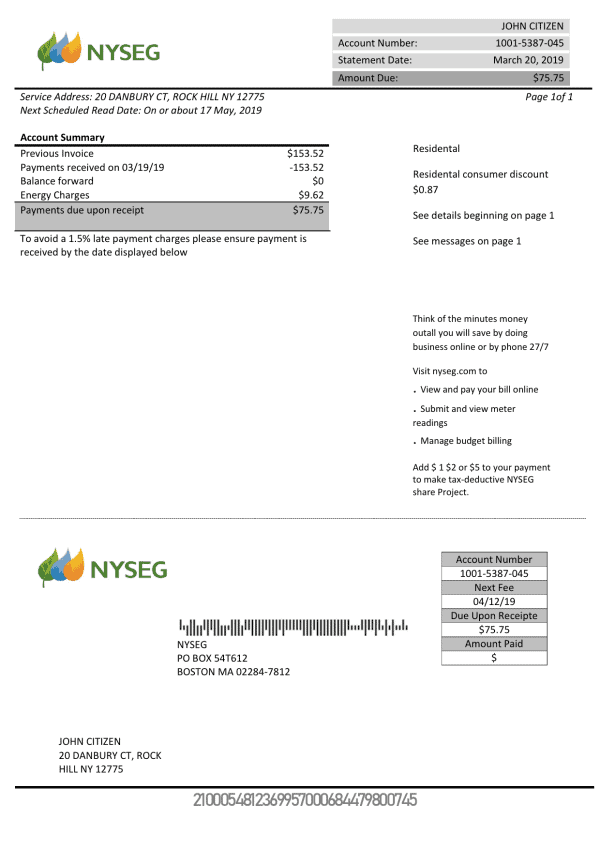 USA Massachusetts Boston NYSEG electricity utility bill template in Word and PDF format