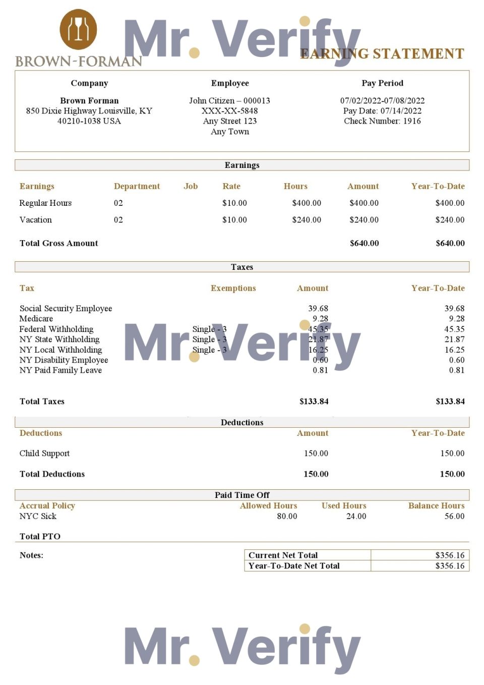 USA Brown Forman alcoholic beverages company pay stub Word and PDF template