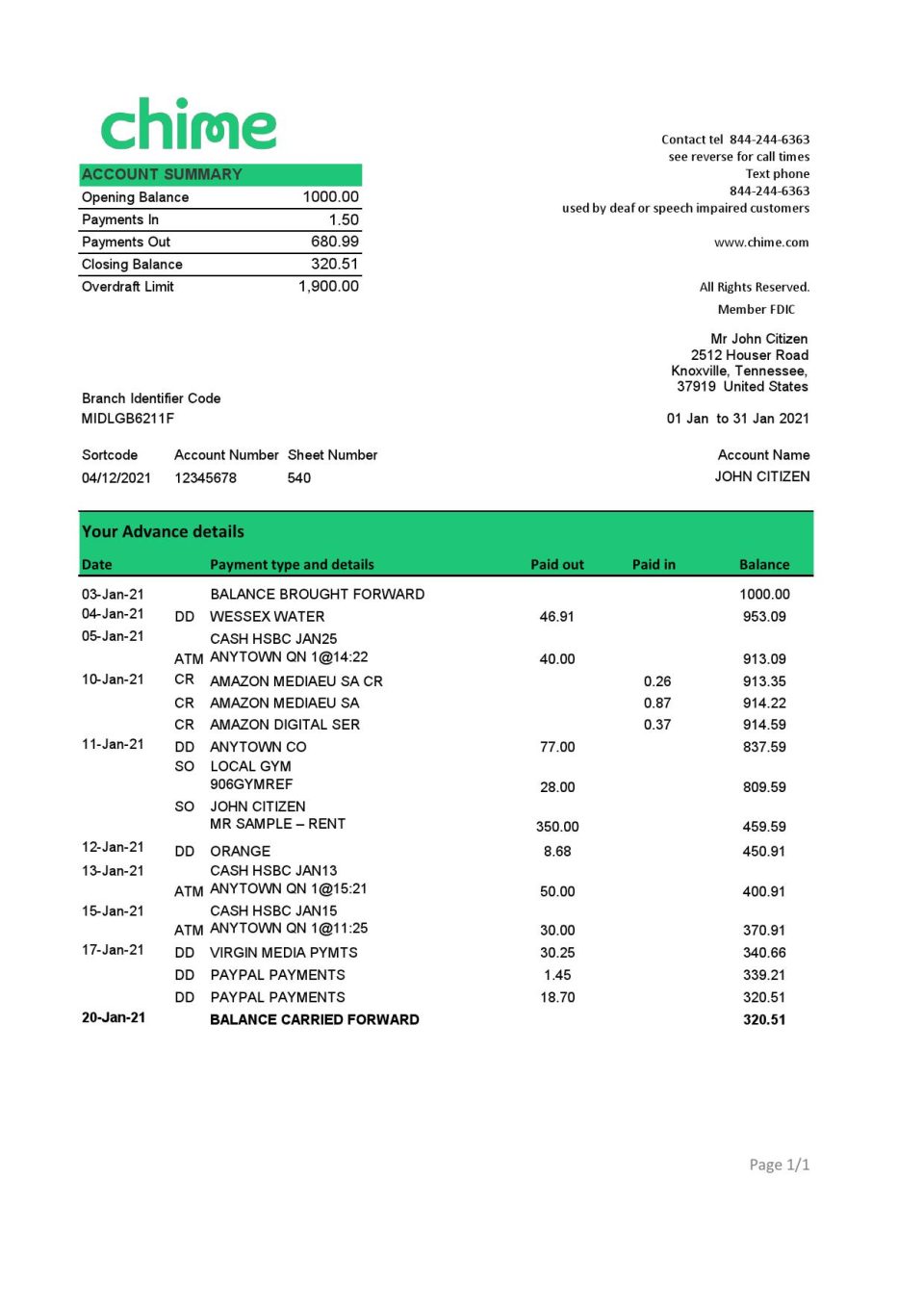 USA San Francisco Chime bank statement template in Excel and PDF format