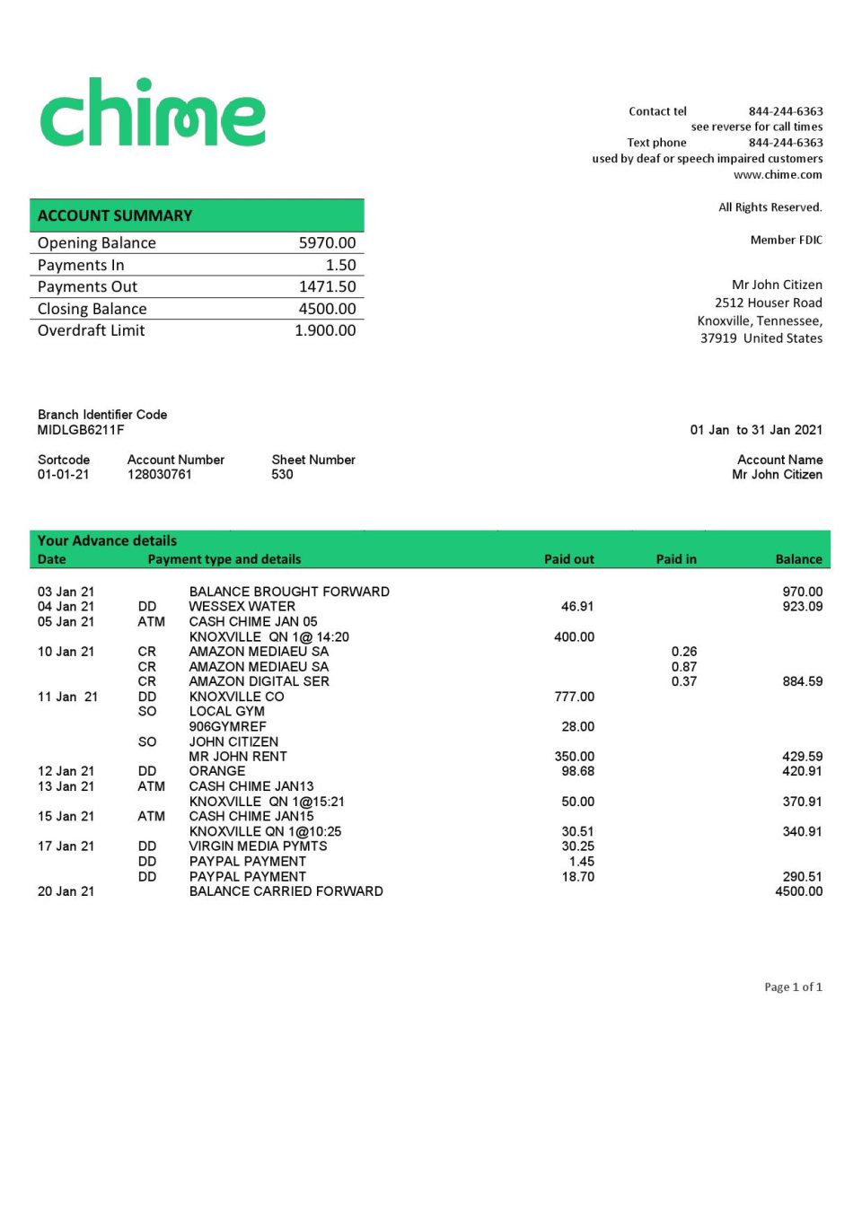 USA San Francisco CHIME bank statement template in Word and PDF format