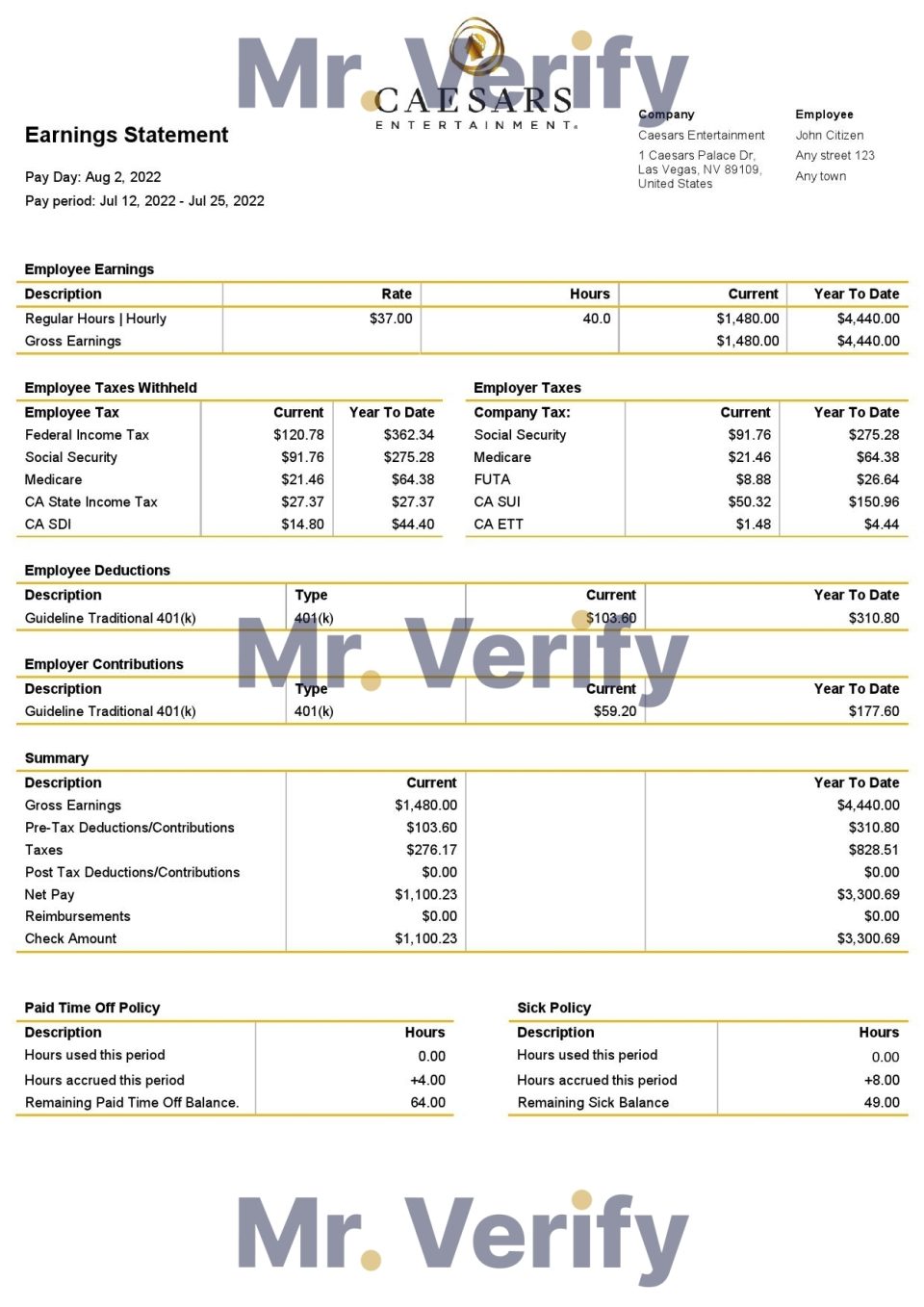 USA Caesars Entertainment casino and resort company pay stub Word and PDF template