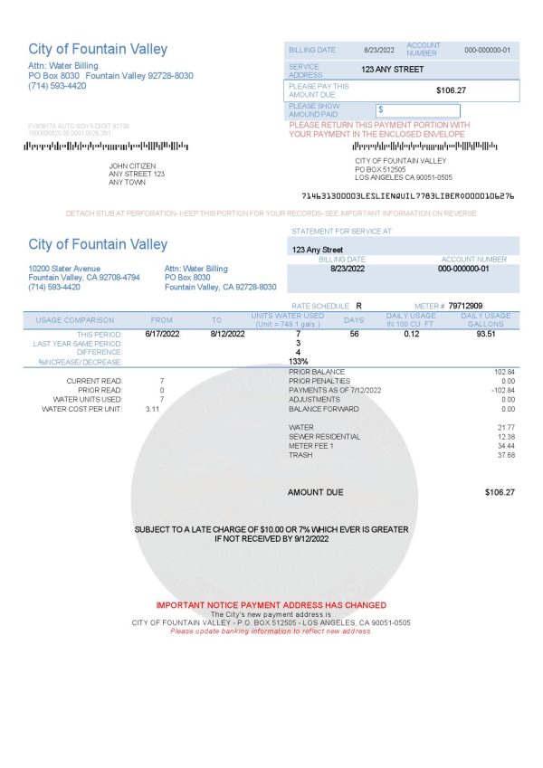USA California City of Fountain Valley utility bill template in Word and PDF format