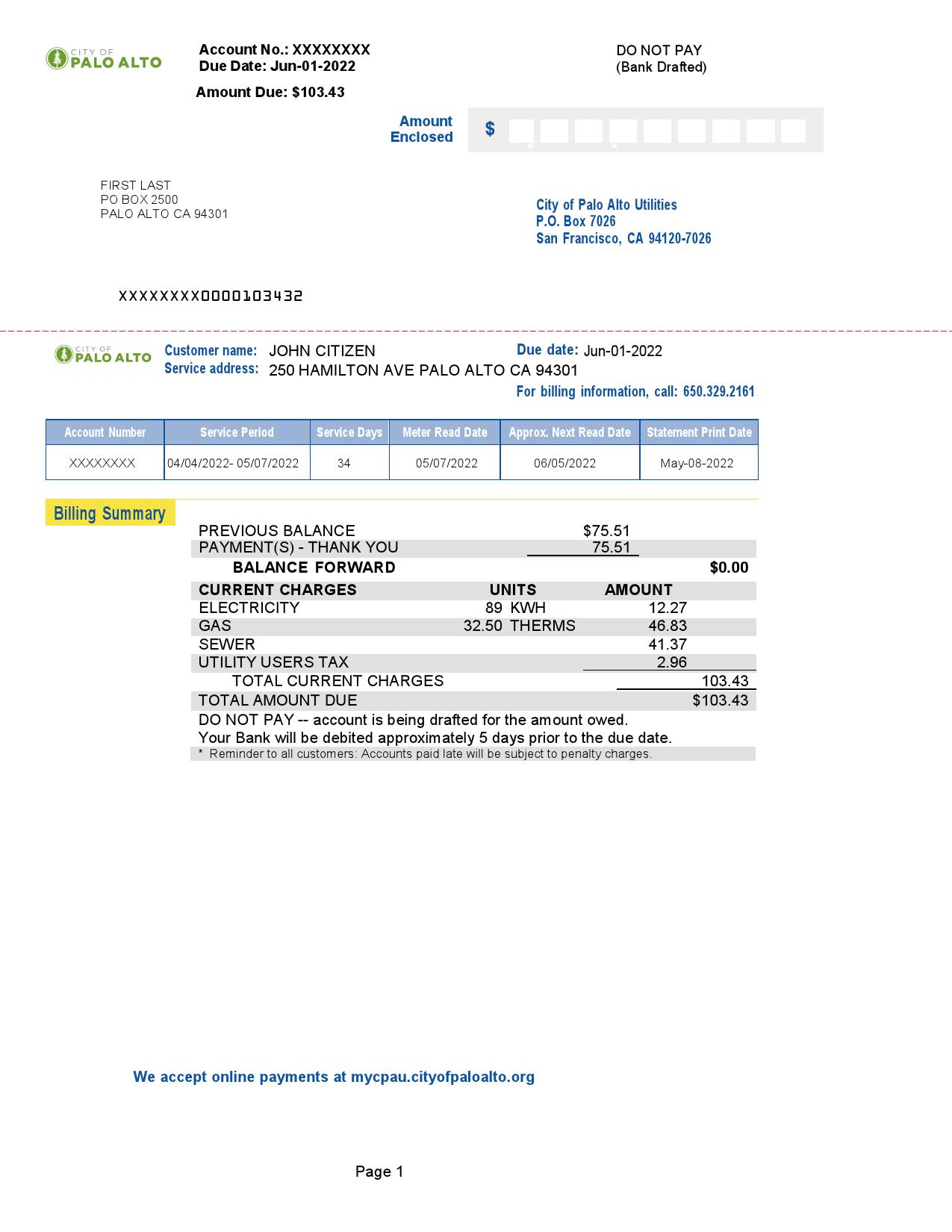 USA California Palo Alto utility bill, Word and PDF template, 2 pages