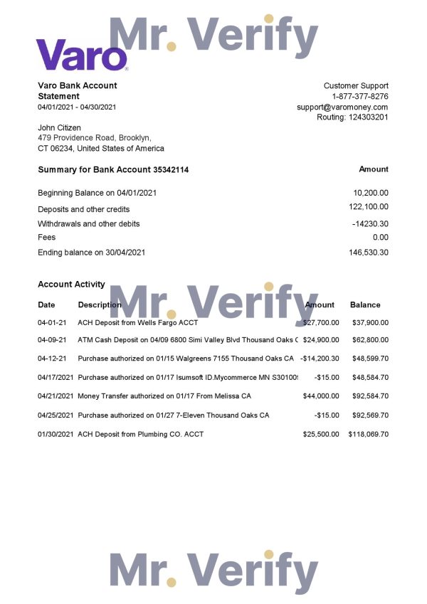 USA California Varo bank statement template in Excel and PDF format (2 pages)