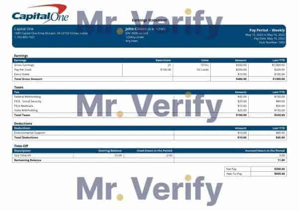 USA Capital One banking company pay stub Word and PDF template