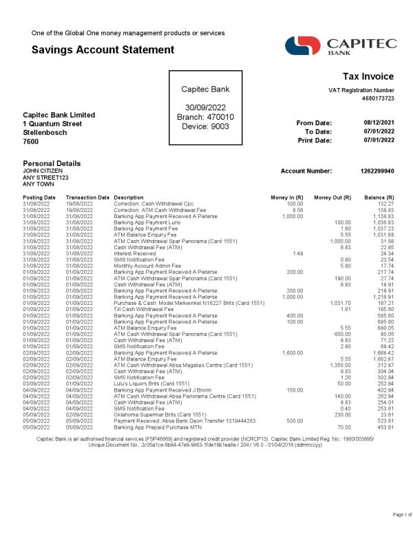 USA Capitec bank statement Word and PDF template