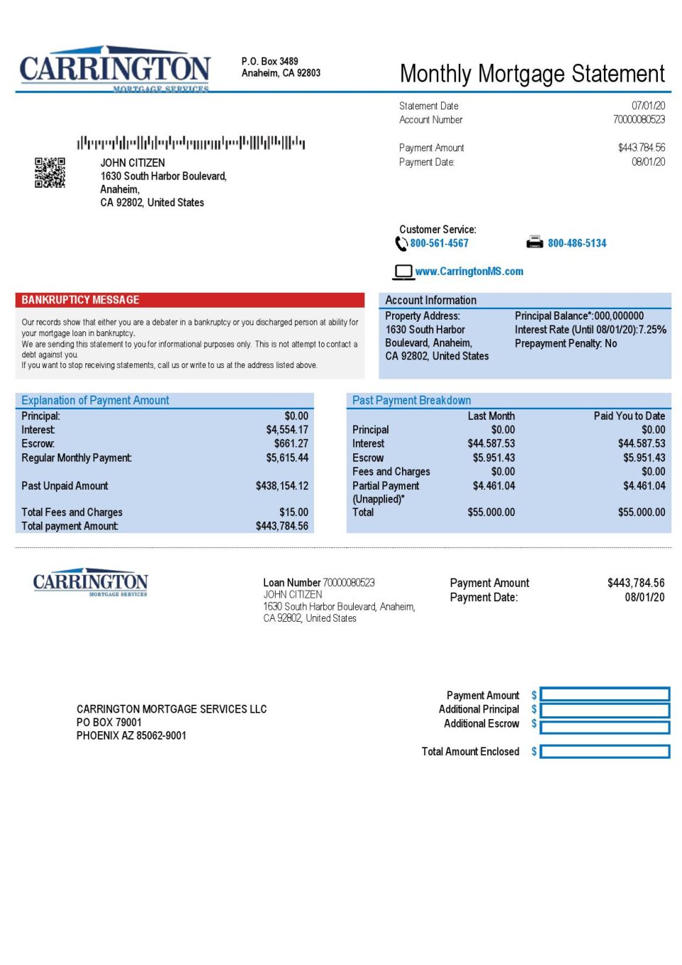 USA Carrington Mortgage Services bank statement template in Word and PDF format