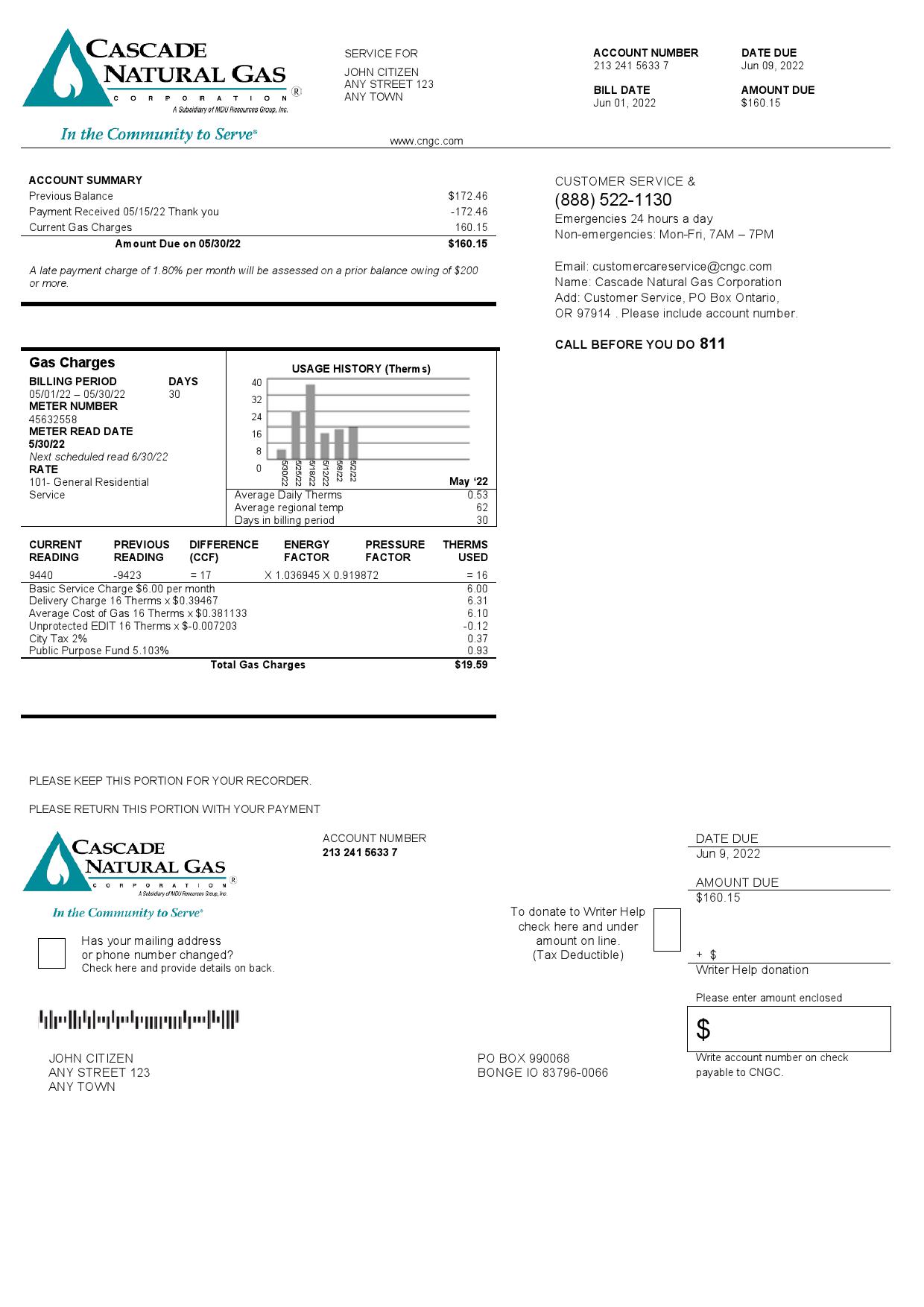 USA Cascade Natural Gas utility bill, Word and PDF template