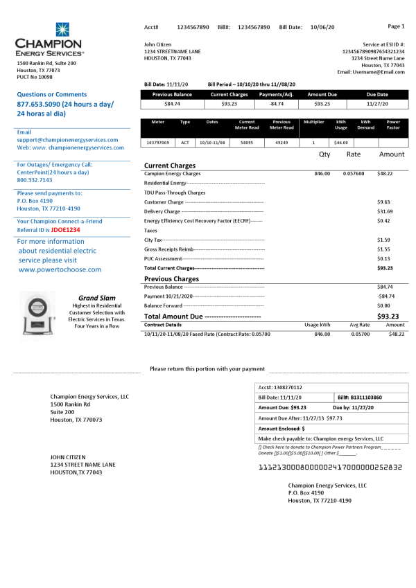 USA Texas Champion Energy Services proof of address utility bill template in Word and PDF format
