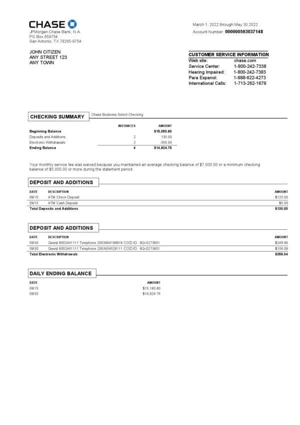 USA Chase bank statement Word and PDF template, version 3