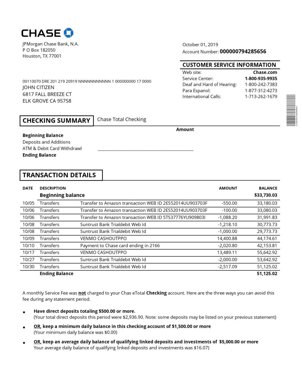 USA Chase account statement template in Word and PDF format, good for address prove