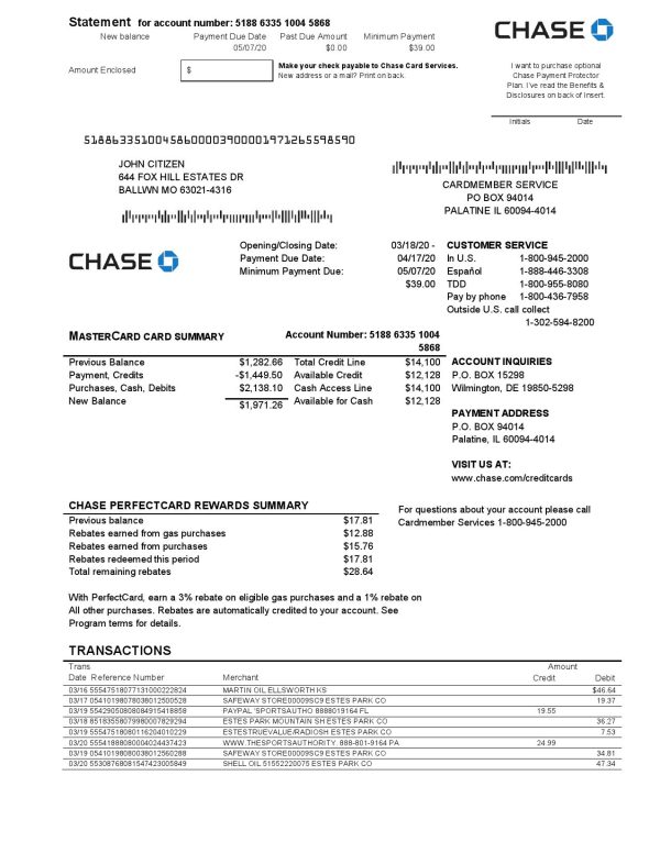 USA Chase bank Mastercard card statement easy to fill template in Word and PDF format