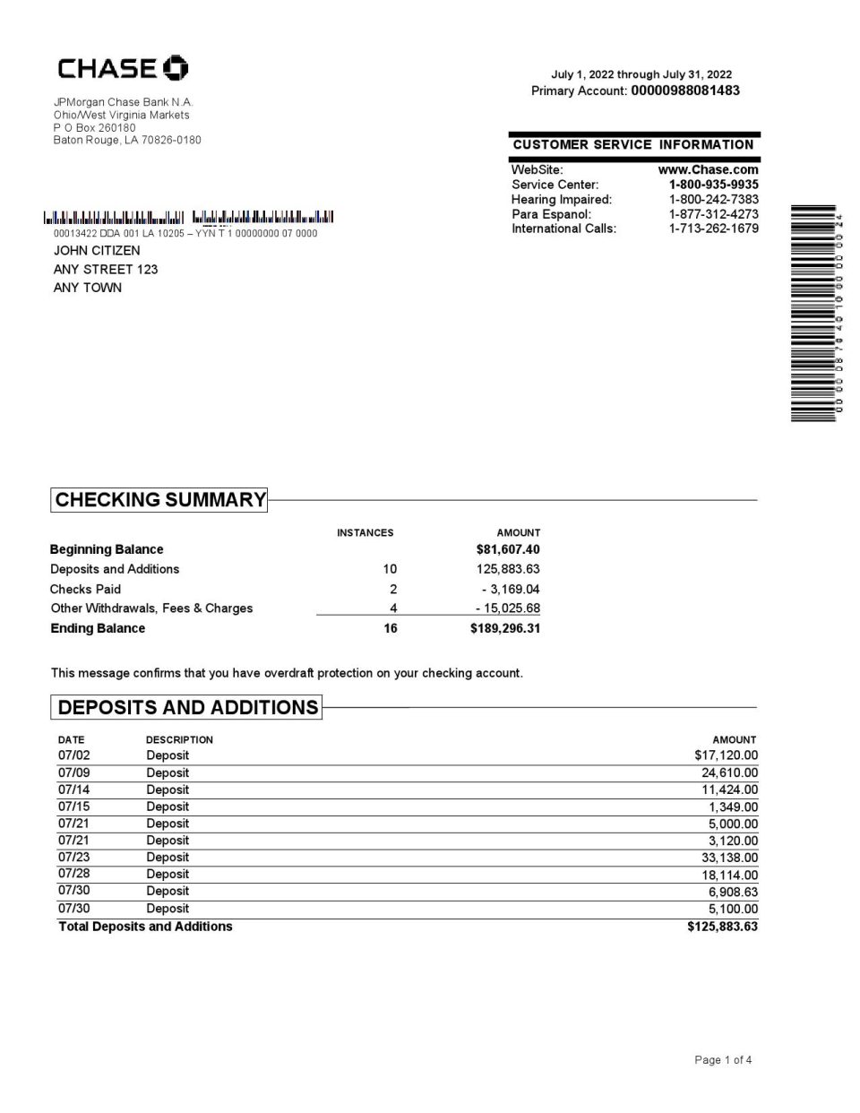 USA Chase bank statement Word and PDF template, 4 pages