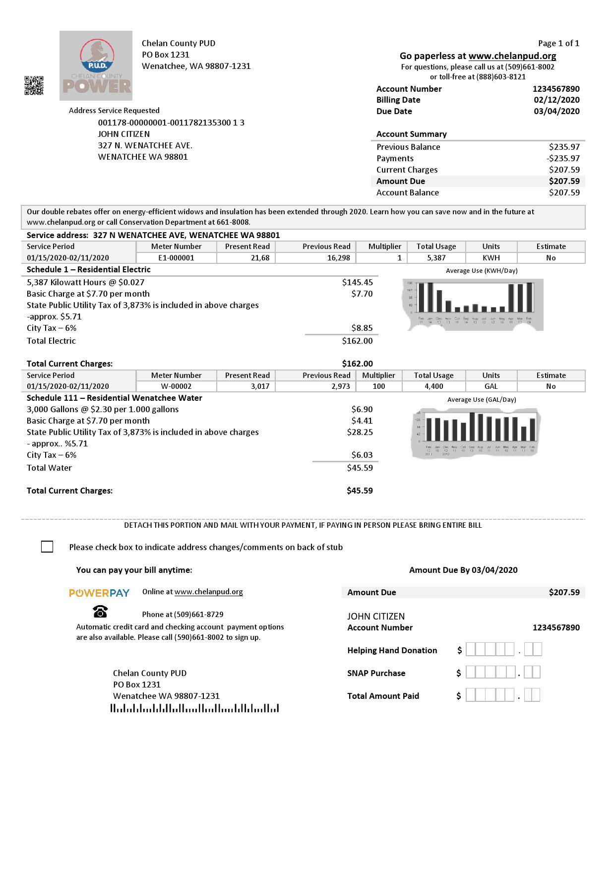 USA Washington Chelan County PUD utility bill template in Word and PDF format