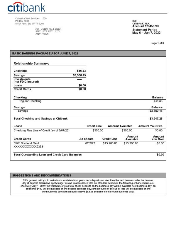 USA Citibank bank statement, Word and PDF template, 6 pages