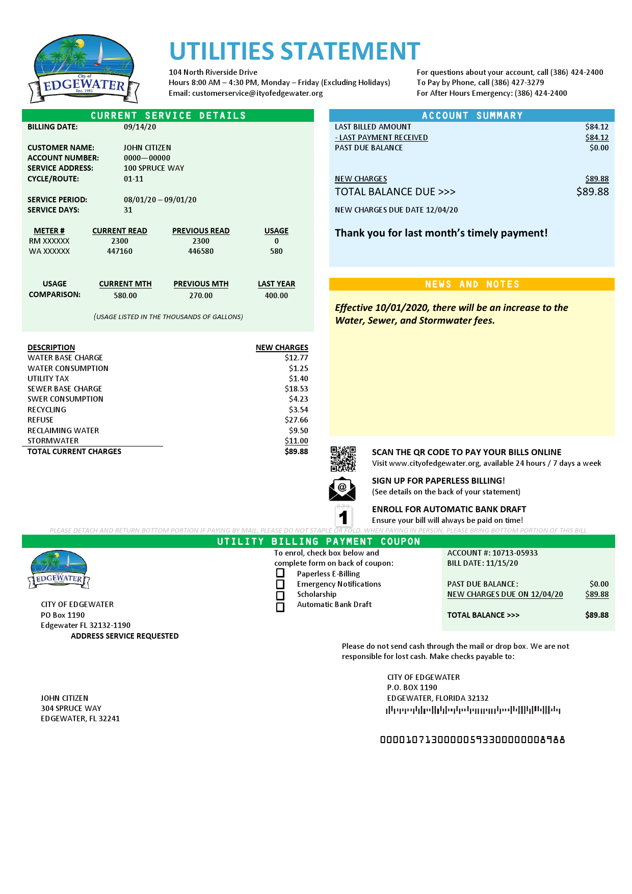 USA Florida City of Edgewater utility bill template in Word and PDF format