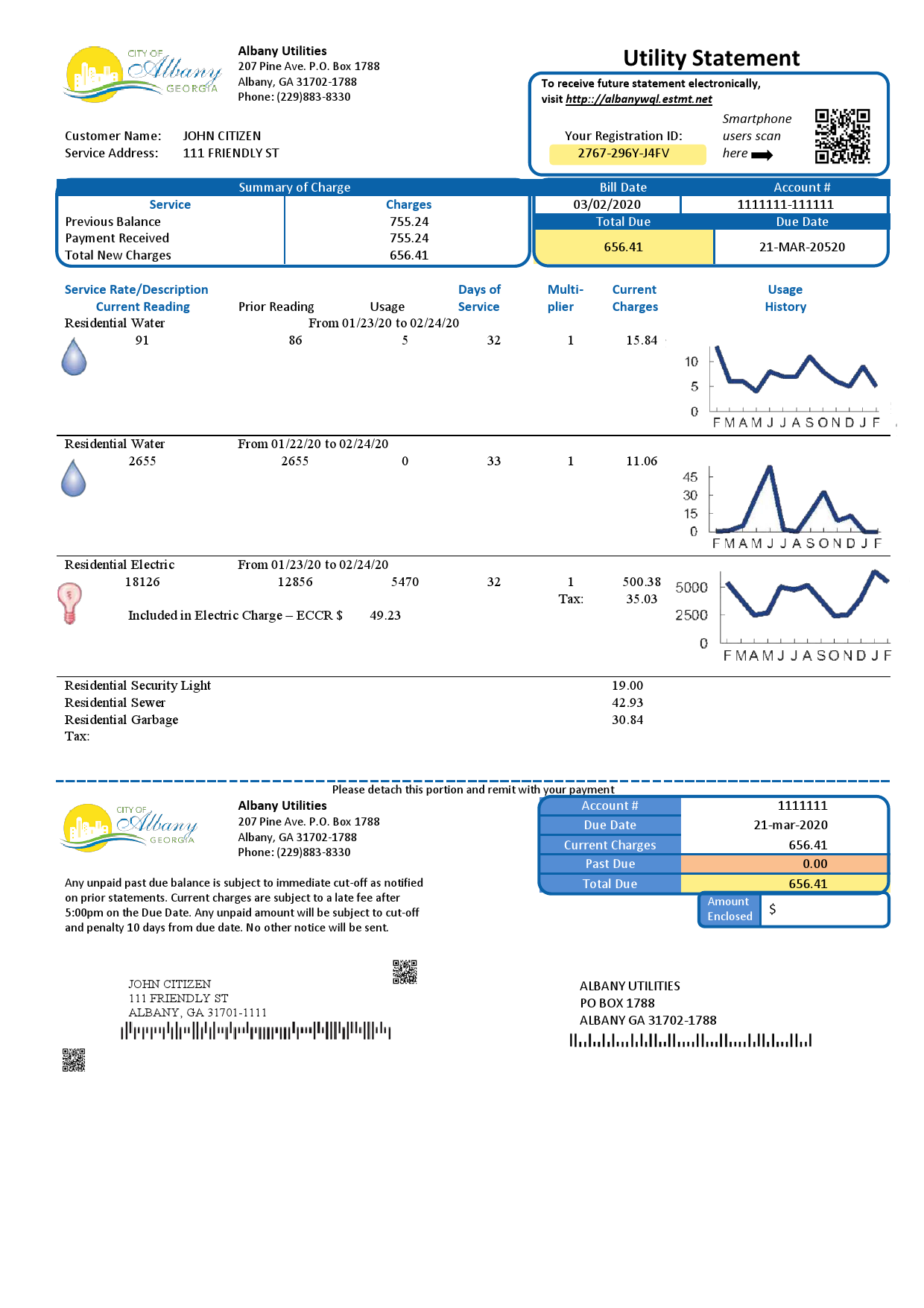 USA Georgia City of Albany water and electricity utility bill template in Word and PDF format