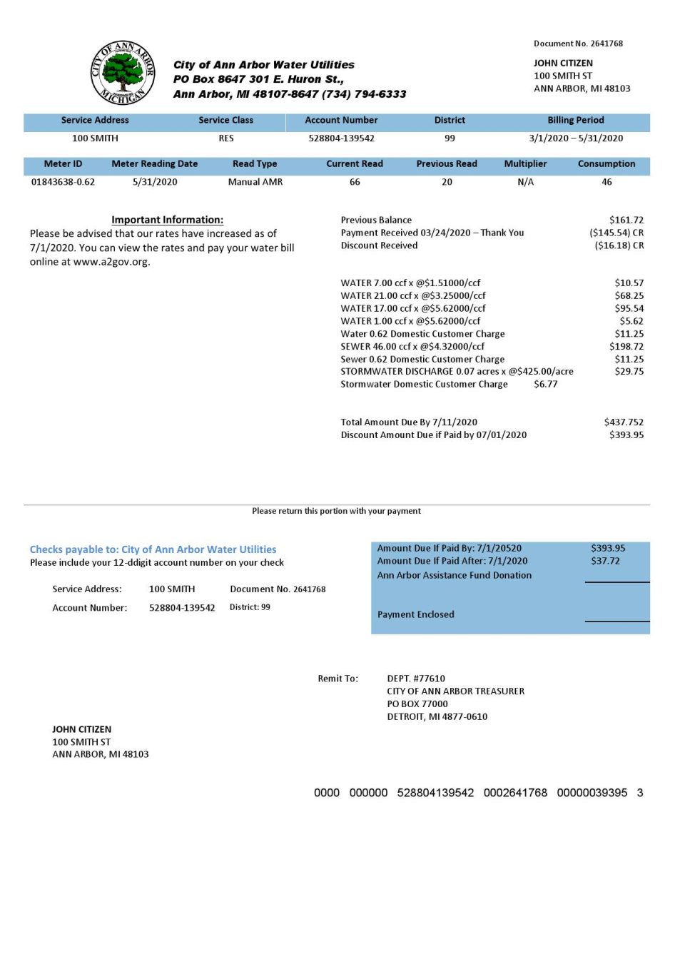 USA Michigan City of Ann Arbor Water Utilities bill template in Word and PDF format
