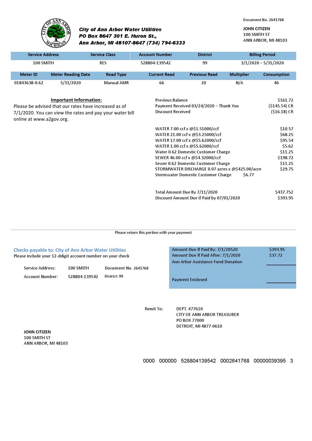 USA Michigan City of Ann Arbor Water Utilities bill template in Word and PDF format