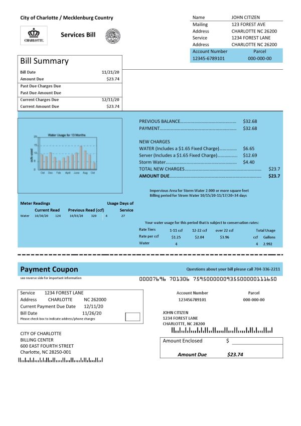 USA North Carolina City of Charlotte water utility bill template in Word and PDF format