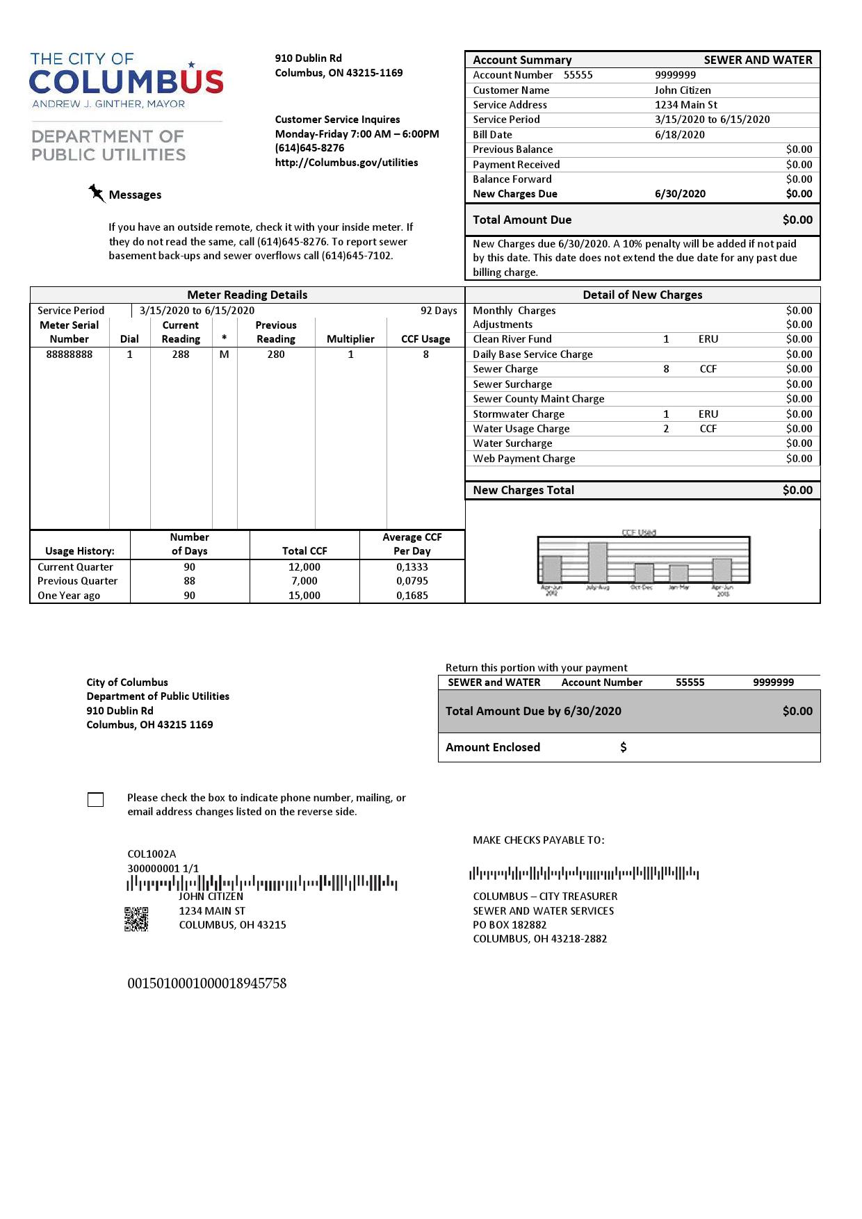 USA Ohio City of Columbus utility bill template in Word and PDF format