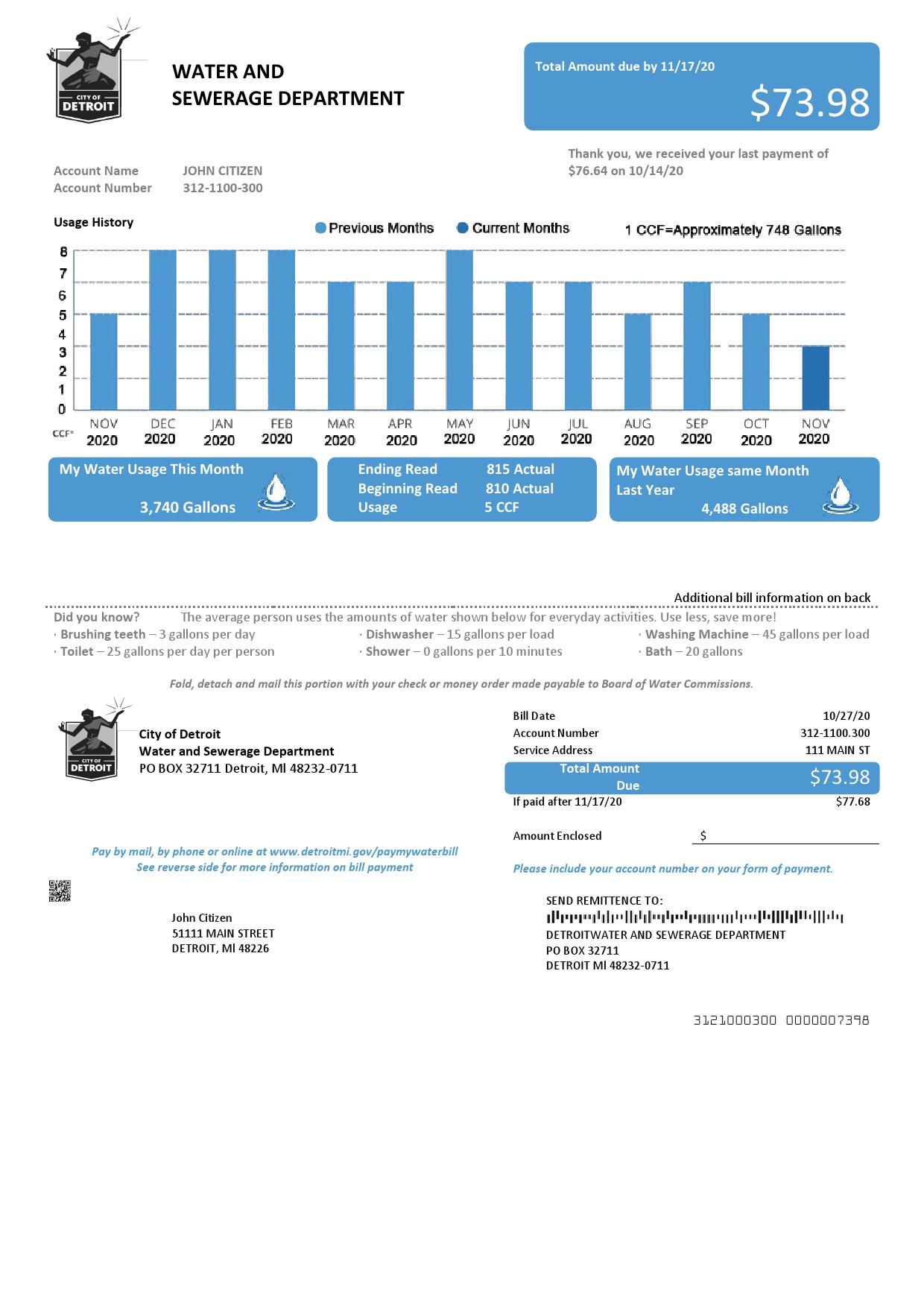 USA Ohio City of Detroit water utility bill template in Word and PDF format