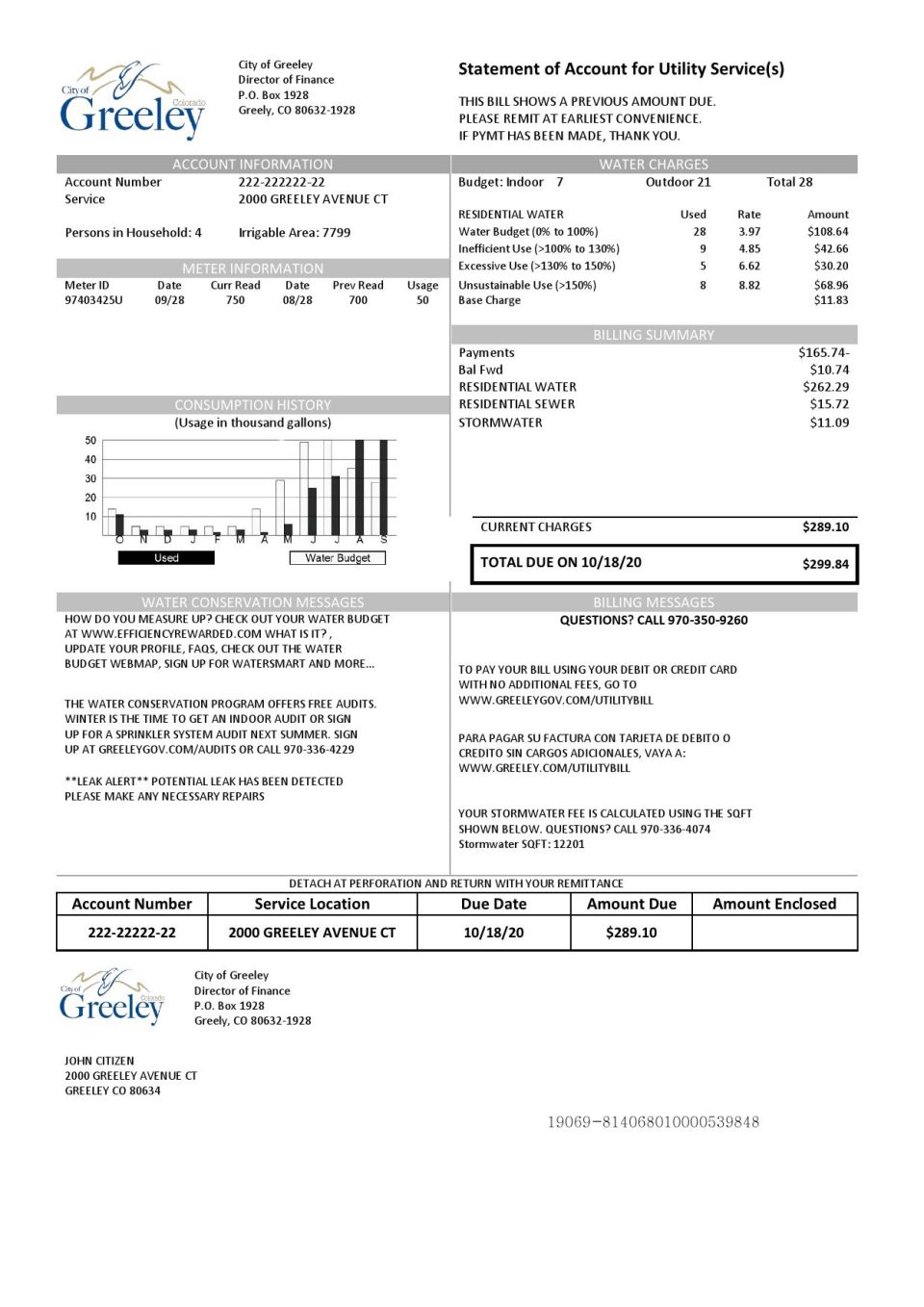 USA Colorado City of Greeley water utility bill template in Word and PDF format
