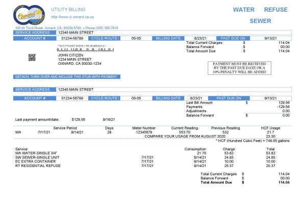 USA California City of Oxnard utility bill template in Word and PDF format