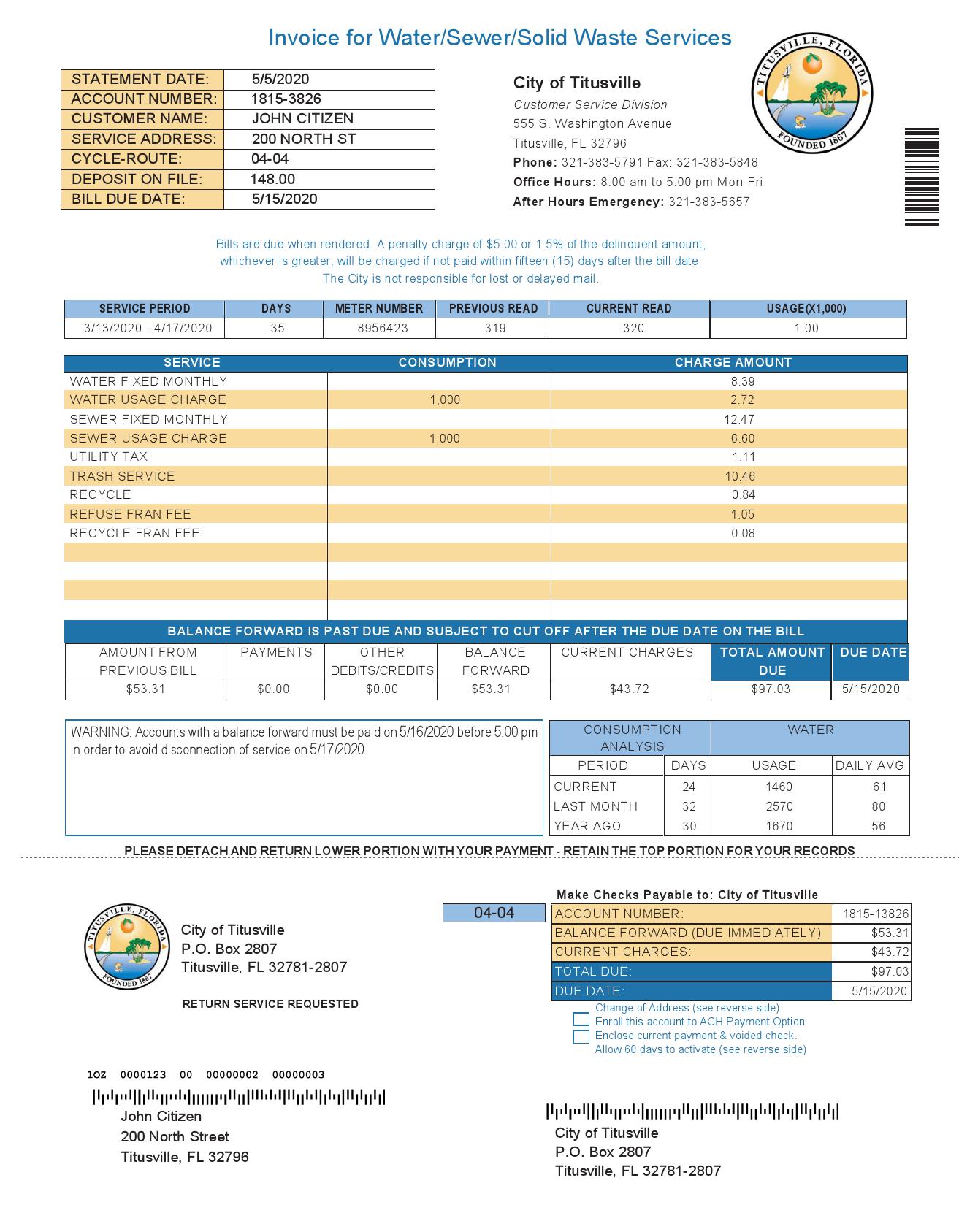 USA City of Titusville Florida utility bill template in Word and PDF format (2 pages)