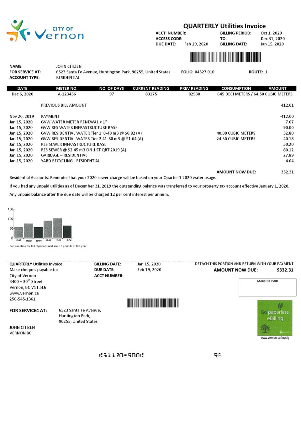 USA Canada City of Vernon water utility bill template in Word and PDF format