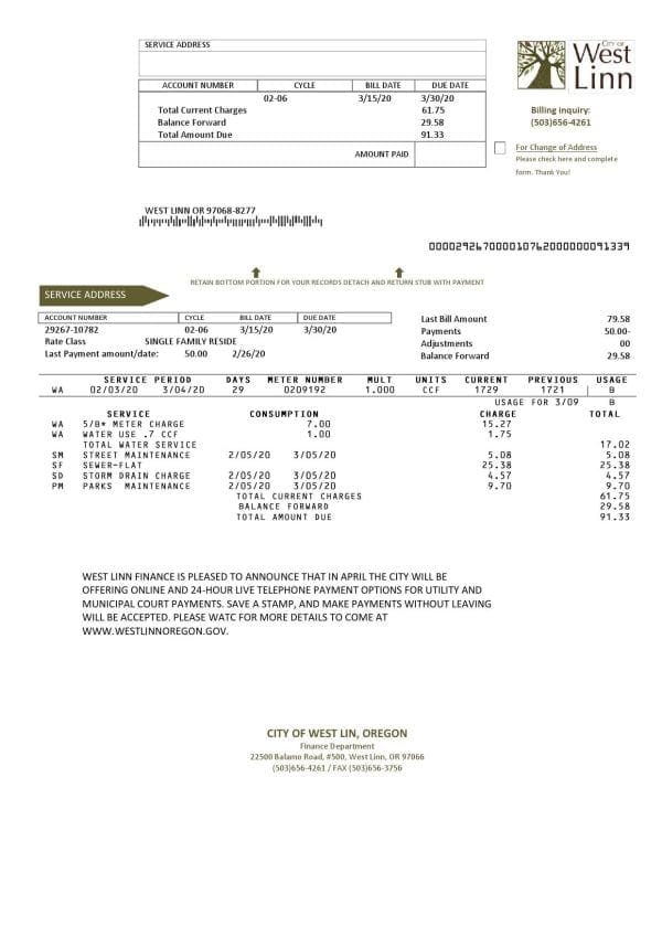 USA Oregon City of West Linn utility bill template in Word and PDF format