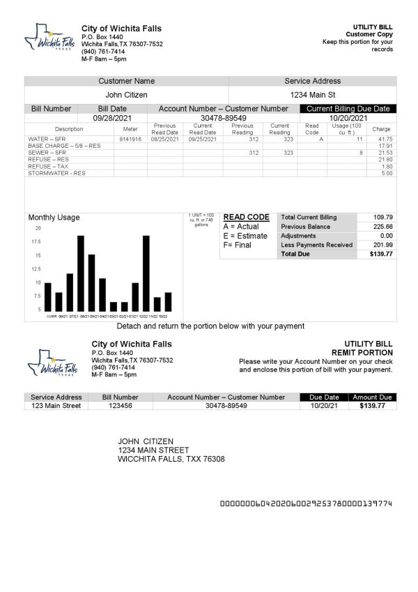 USA The City of Wichita Falls Utility bill template in Word and PDF format
